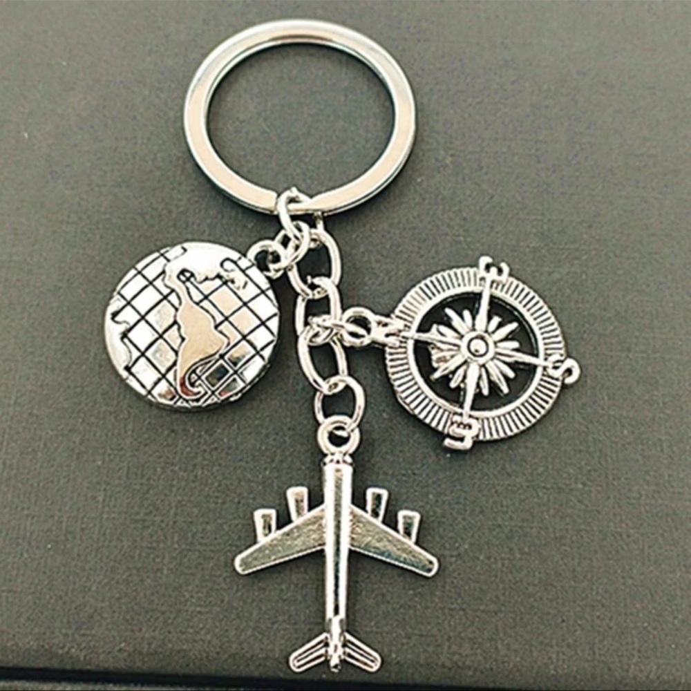 Plane Charm Keychain Silver Plated Compass Gift Globe Travel Airplane Aircraft - Picture 4 of 6
